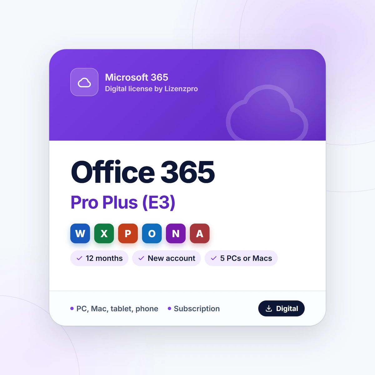 Office 365 Pro Plus (E3) 12-month account with Word, Excel, PowerPoint, Outlook, OneNote and Access