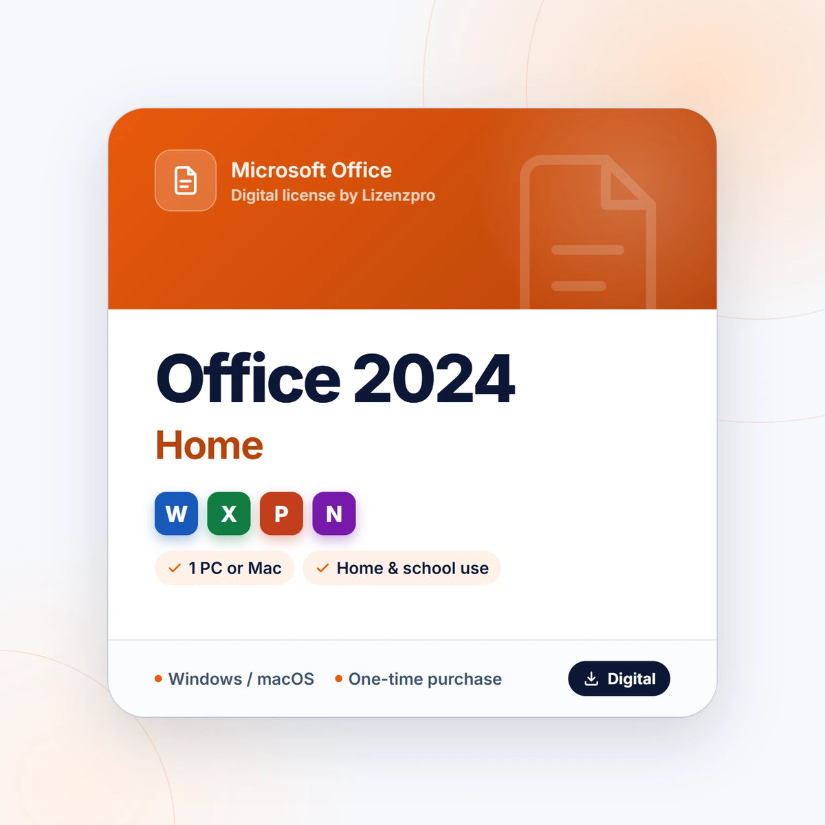 Office Home 2024 digital license with Word, Excel, PowerPoint and OneNote
