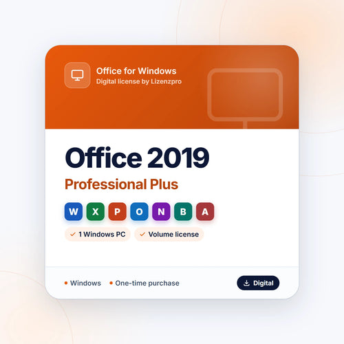 Office Professional Plus 2019 for Windows digital license with Word, Excel, PowerPoint, Outlook, OneNote, Publisher and Access