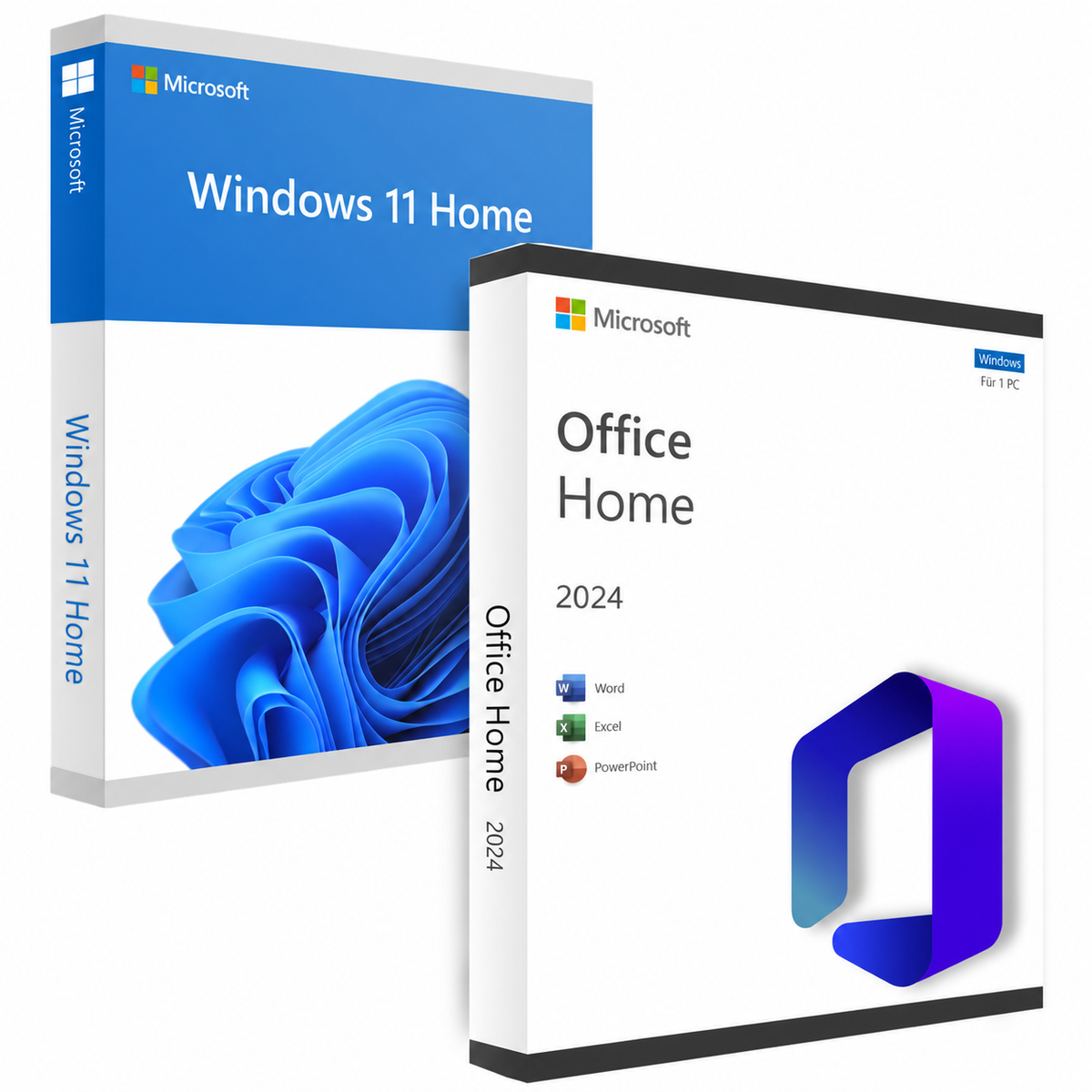 Licencias digitales de Microsoft Windows 11 Home y Office Home 2024, cajas de los productos