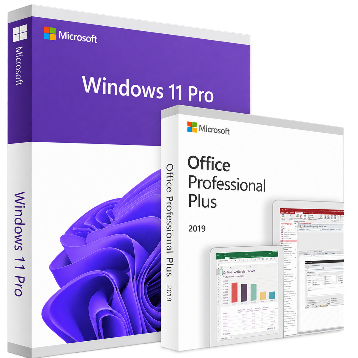 Microsoft Windows 11 Pro and Office Professional Plus 2019 digital licenses, product boxes