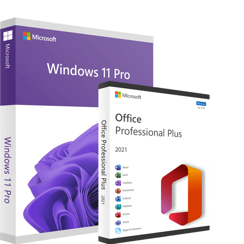 Microsoft Windows 11 Pro and Office Professional Plus 2021 digital licenses, product boxes