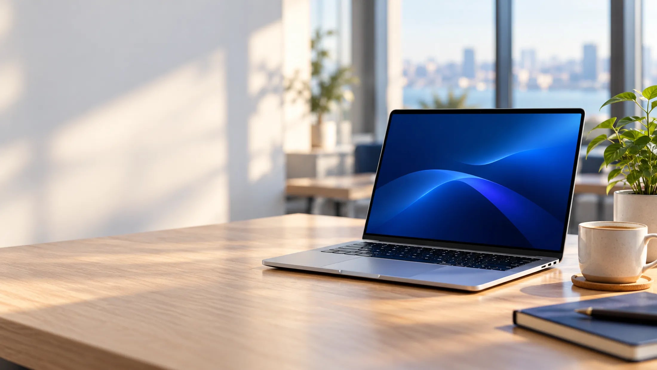 Laptop mit blauem Bildschirm auf einem Holzschreibtisch in einem hellen Büro
