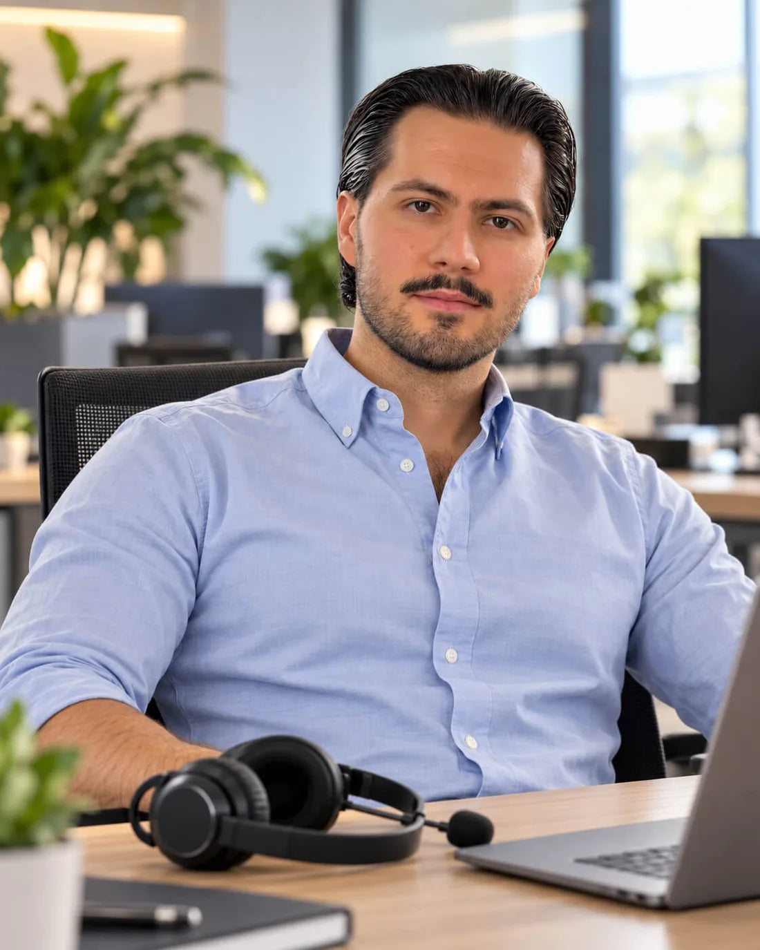 Support-Ansprechpartner am Schreibtisch mit Headset und Laptop